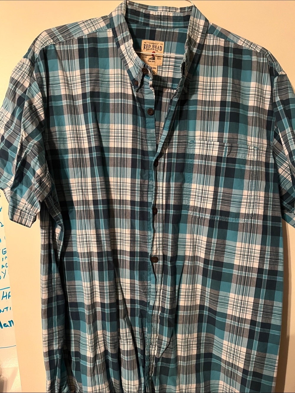 RedHead Men’s XXL Teal and White 100% cotton Plaid Short-Sleeve Button-Down